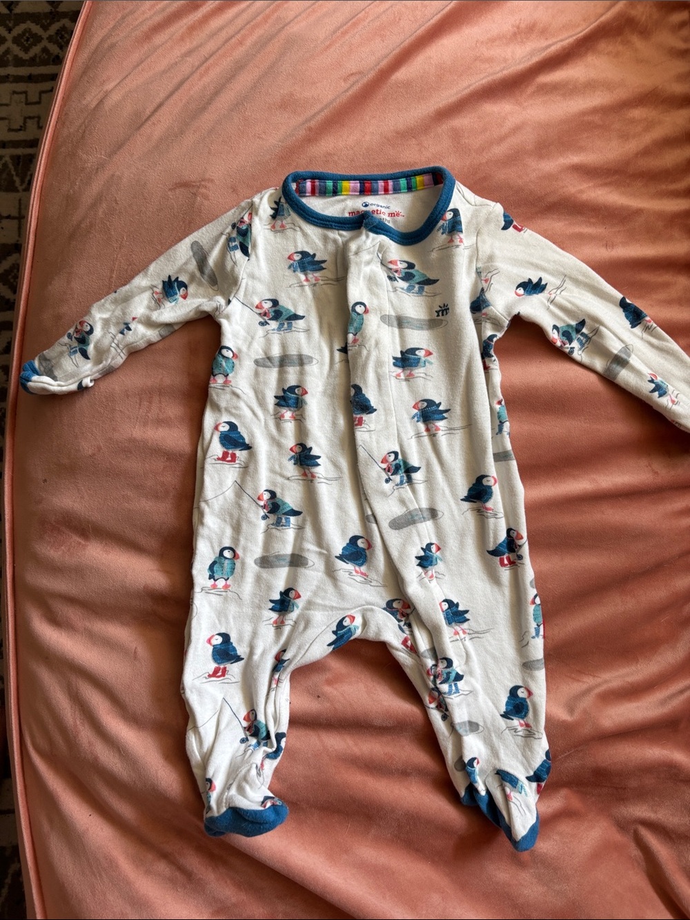 Puffin Print Cream Baby One-Piece Footed Sleeper organic 100%